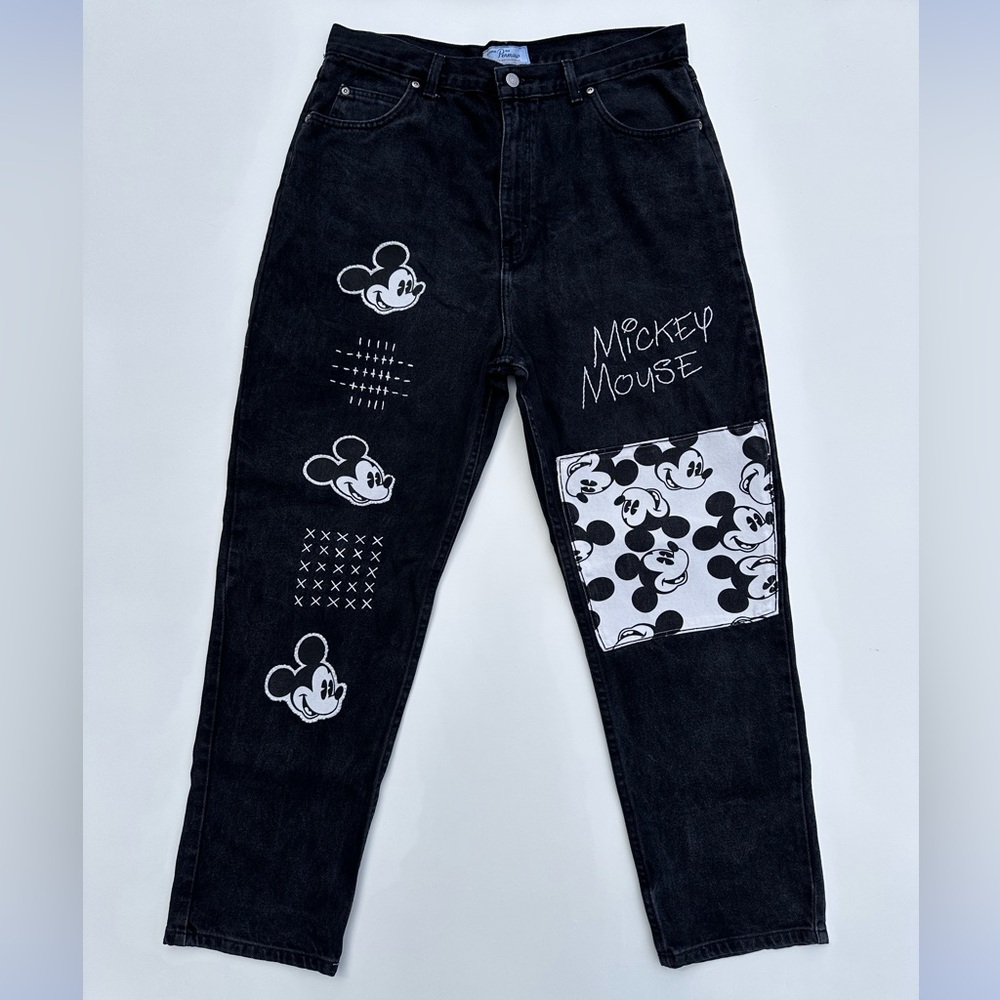Hand Made Upcycled Embroidered Mickey Mouse Jeans
